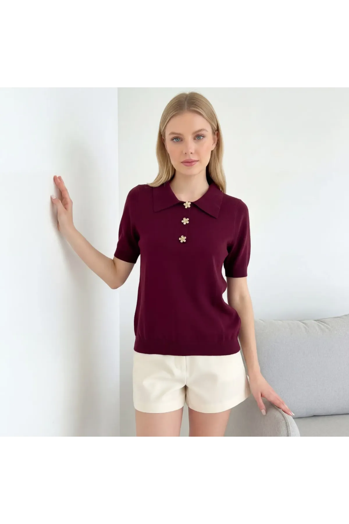 Kadın Polo Yaka Aksesuar Detay Premium İplik Triko Kazak 12421.Crs