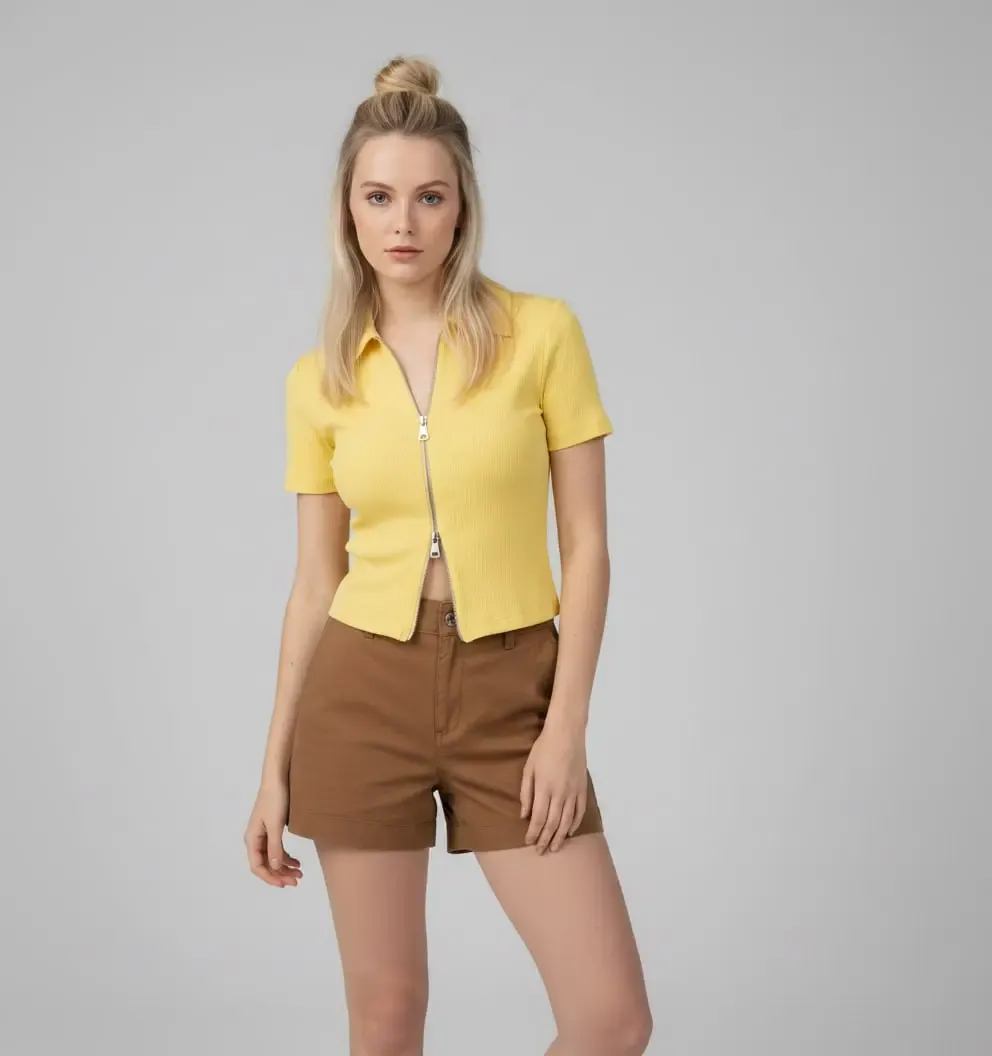 Kadın Polo Yaka Çift Fermuarlı Kaşkorse Body Bluz 13004