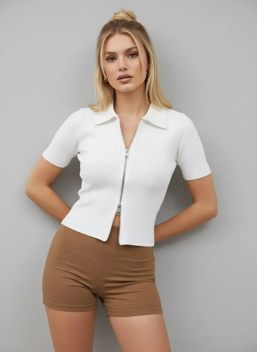 Kadın Polo Yaka Çift Fermuarlı Kaşkorse Body Bluz 13004