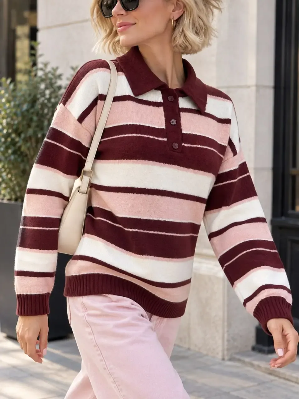 Kadın Polo Yaka Düğmeli Çizgili Oversize Triko Kazak 8777