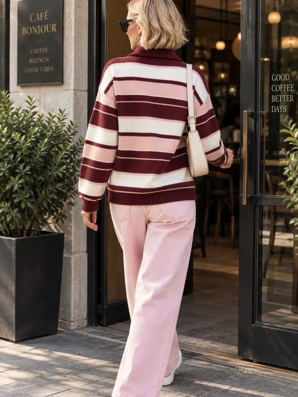 Kadın Polo Yaka Düğmeli Çizgili Oversize Triko Kazak 8777
