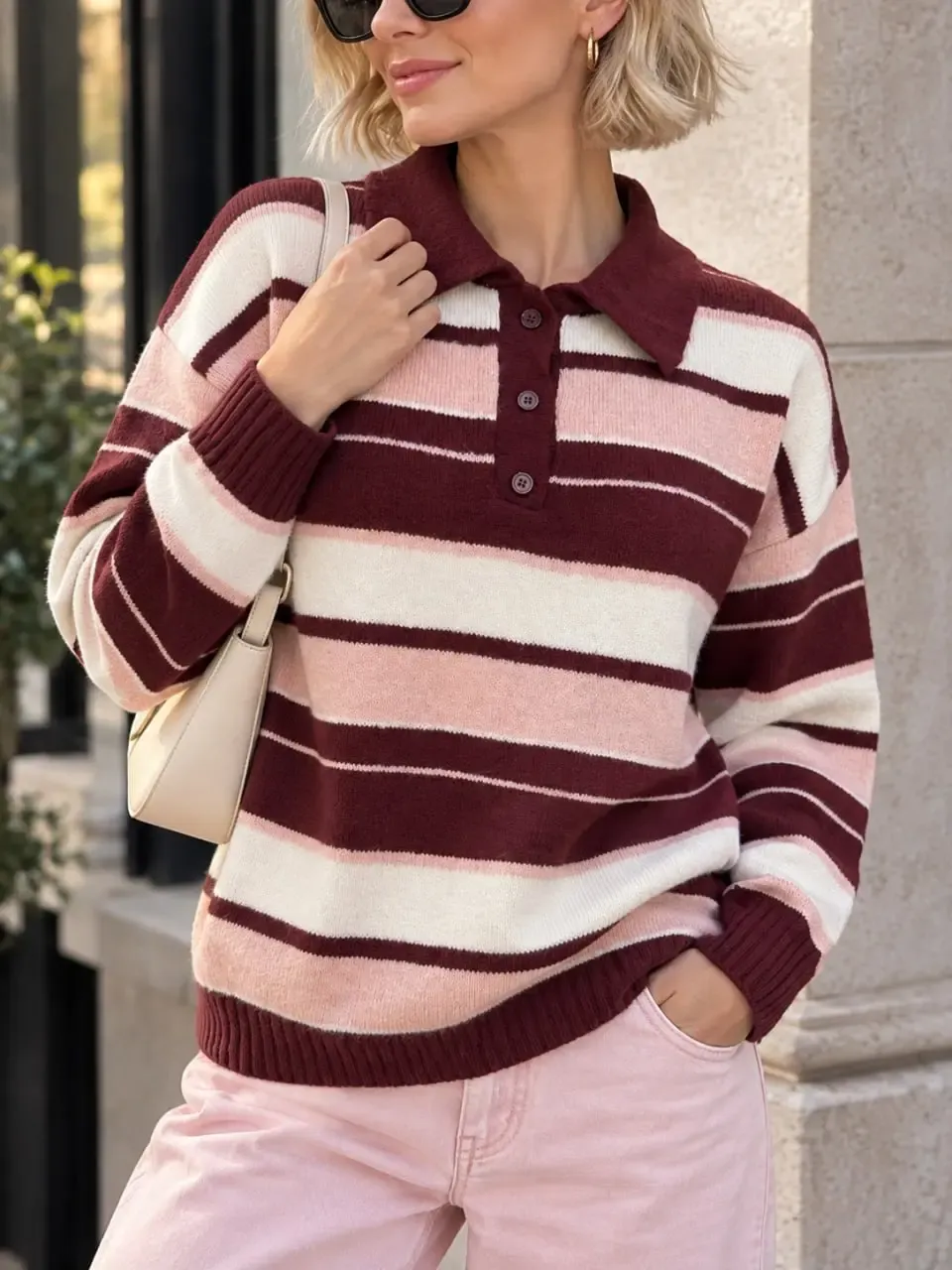 Kadın Polo Yaka Düğmeli Çizgili Oversize Triko Kazak 8777