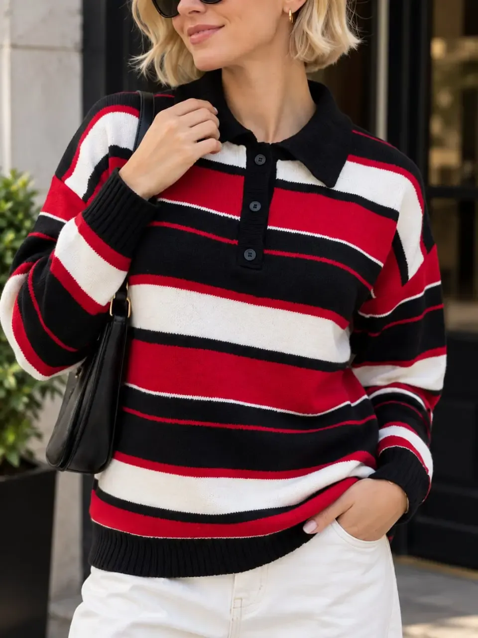 Kadın Polo Yaka Düğmeli Çizgili Oversize Triko Kazak 8777