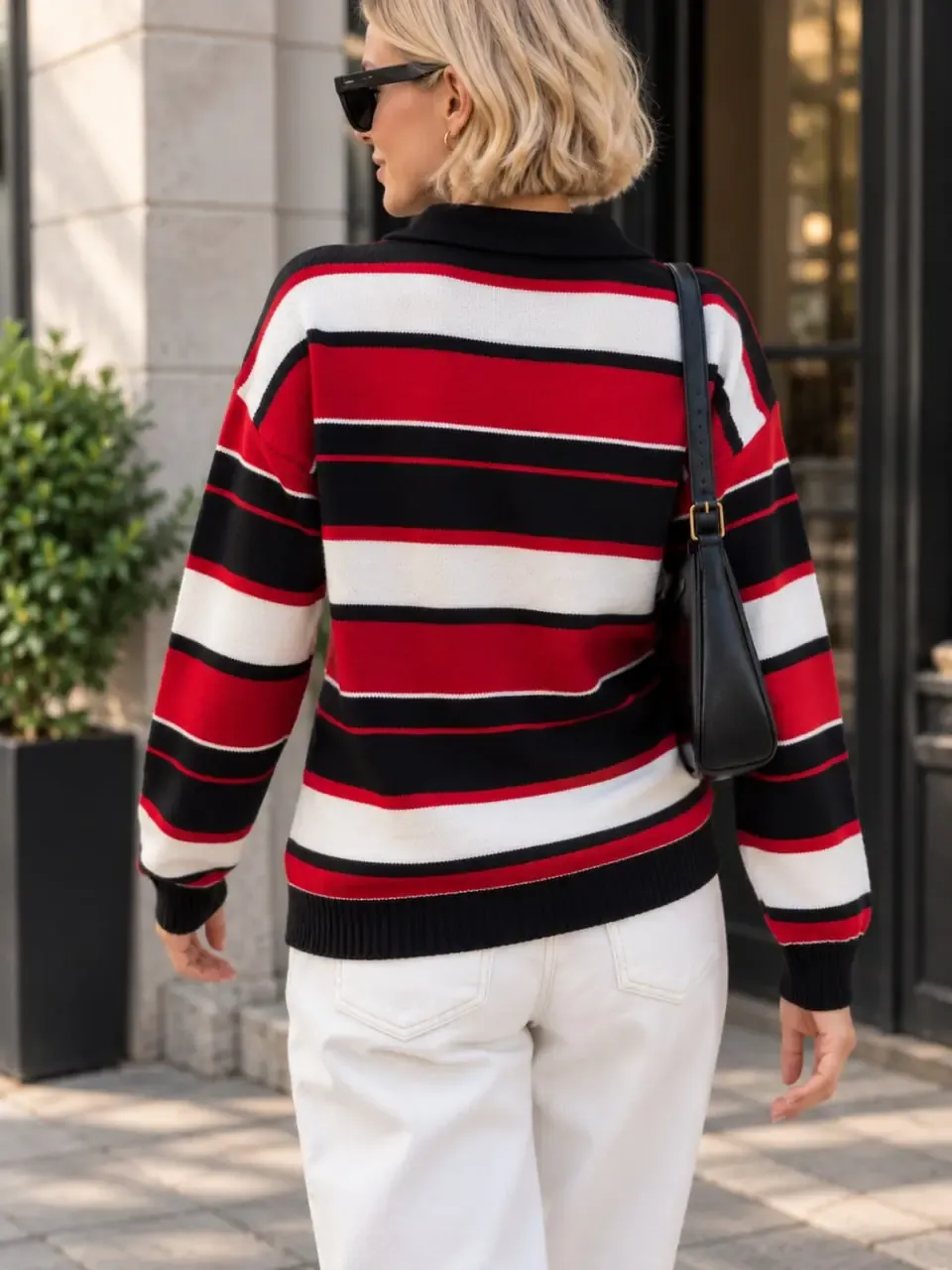 Kadın Polo Yaka Düğmeli Çizgili Oversize Triko Kazak 8777