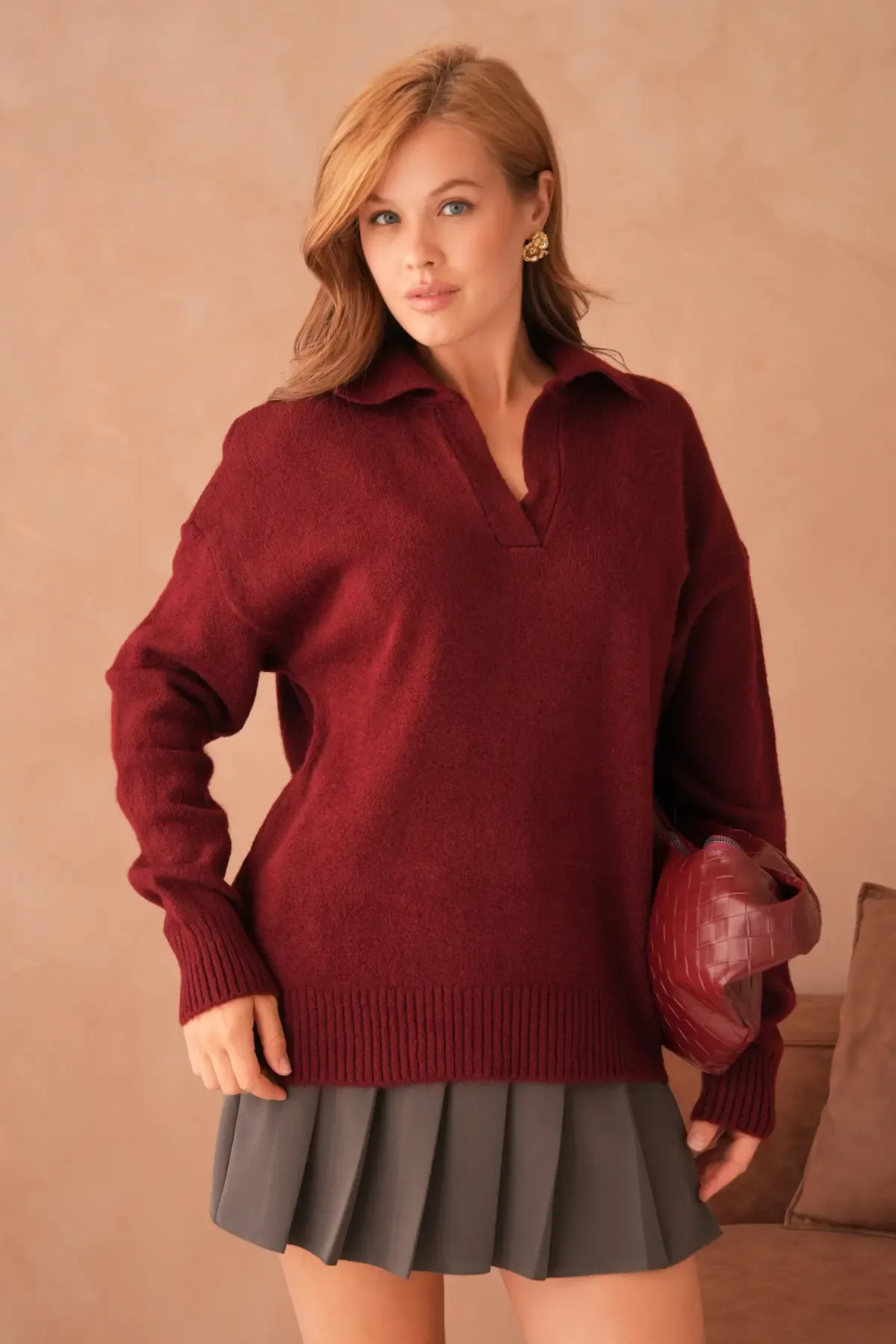 Kadın Polo Yaka Oversize Triko Kazak