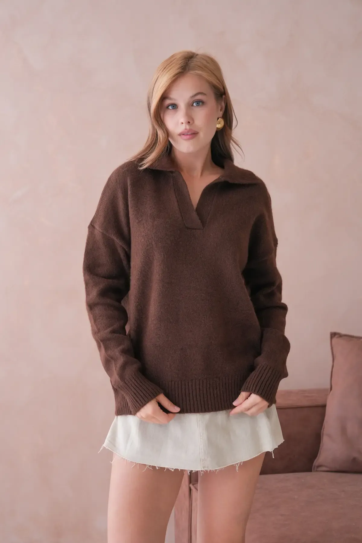 Kadın Polo Yaka Oversize Triko Kazak