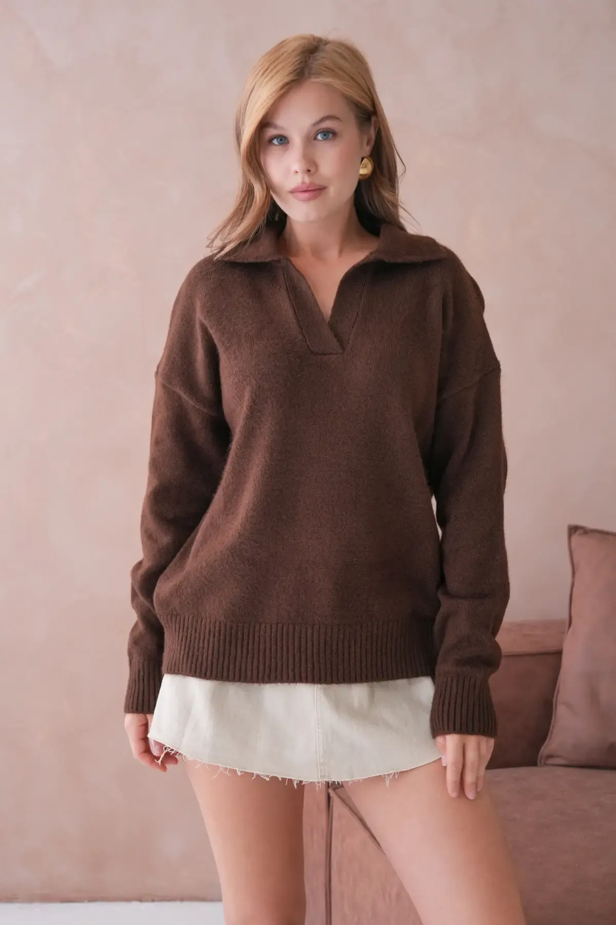 Kadın Polo Yaka Oversize Triko Kazak