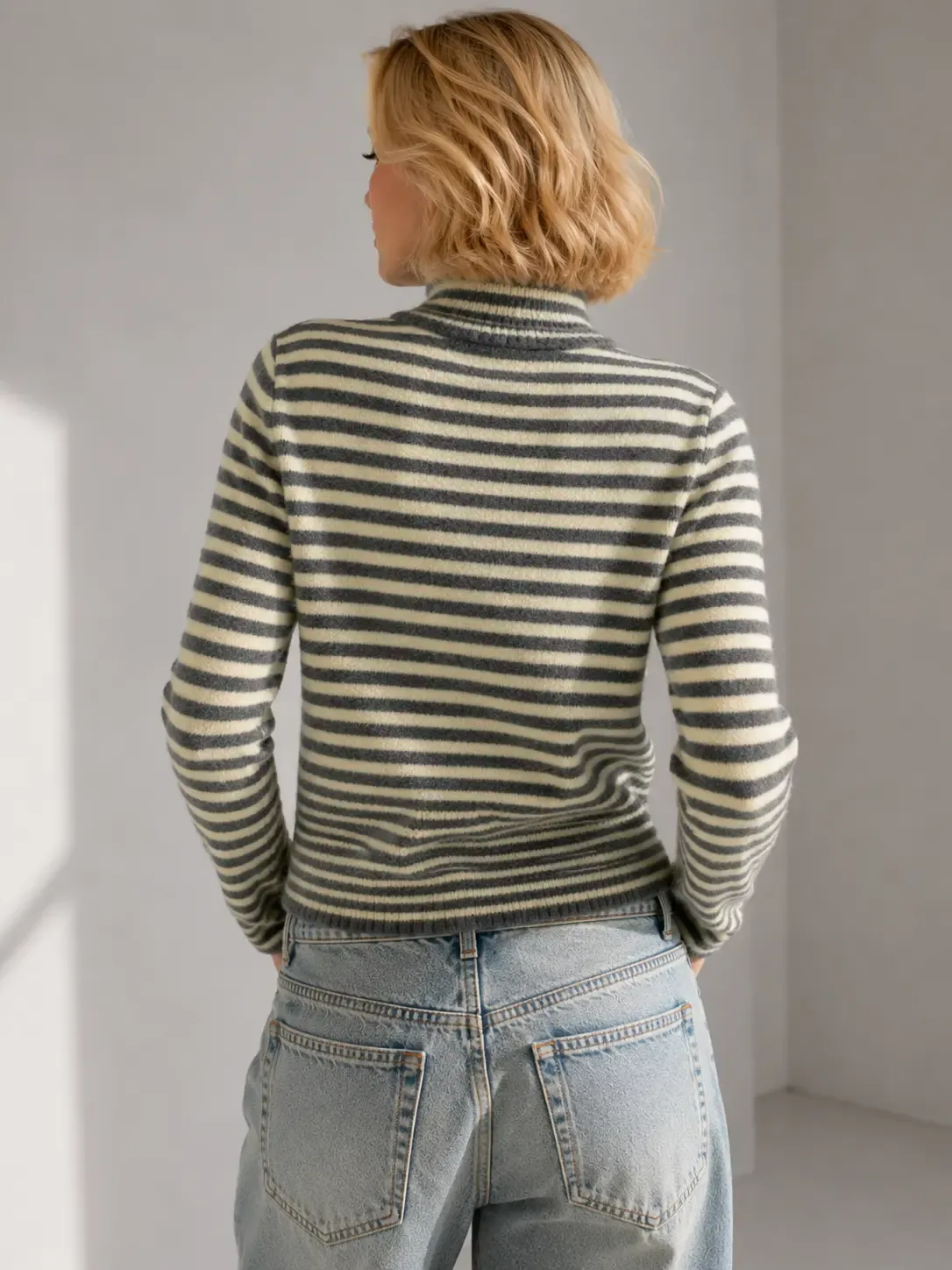 Kadın Yatay Çizgili Düğmeli Dik Yakalı Casual Günlük Triko Hırka 8759