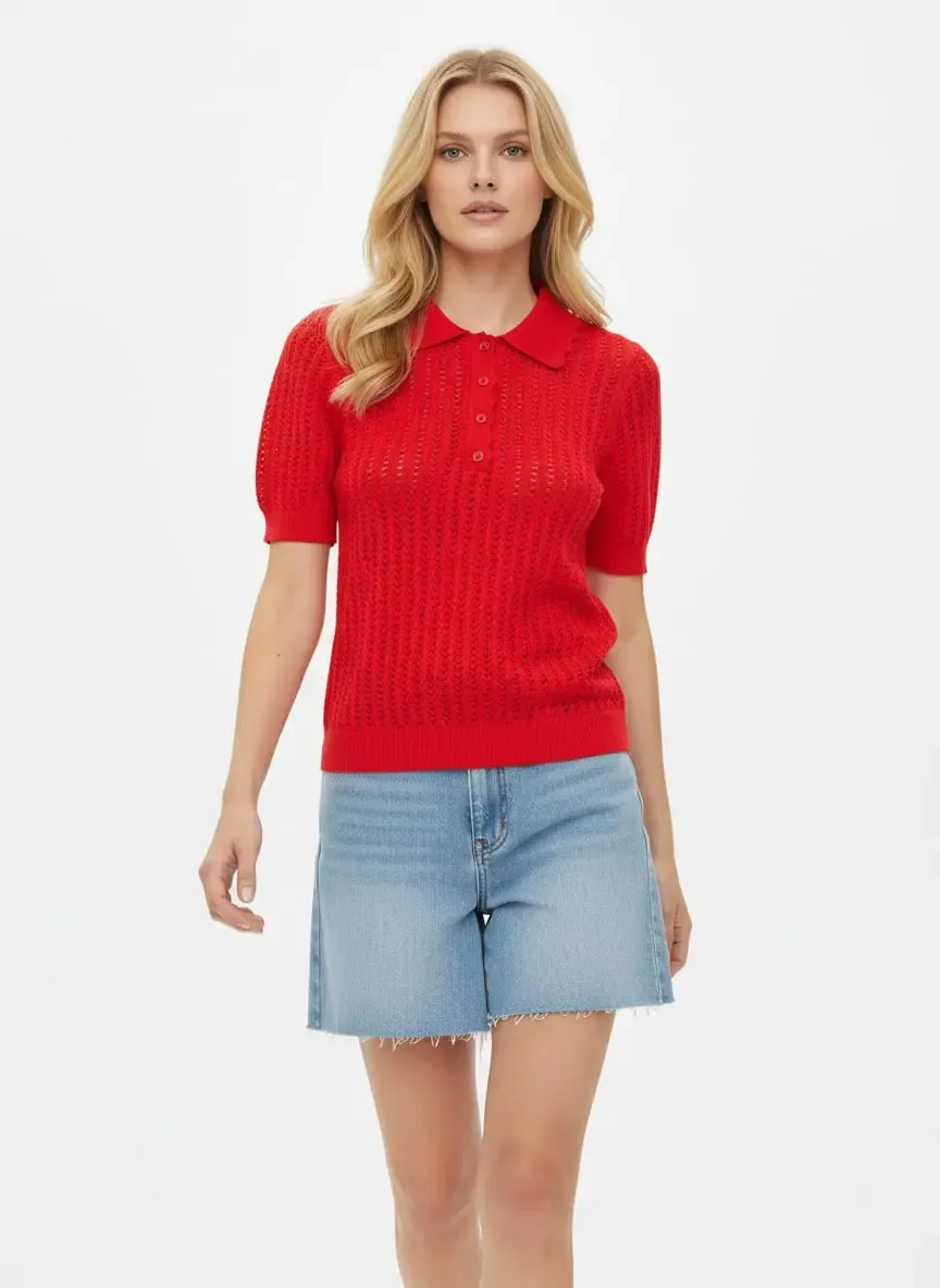 Polo Yaka Ajurlu Kısa Kol Polo Triko Kazak