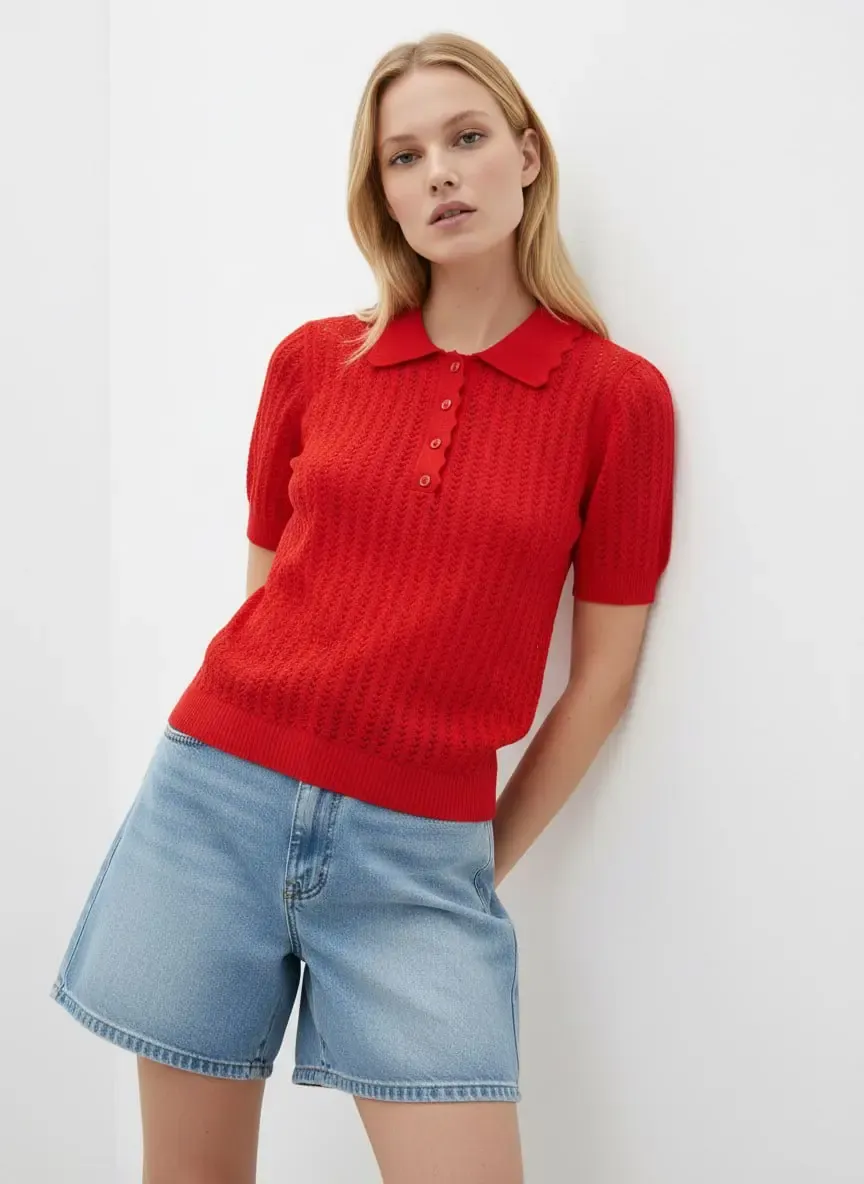 Polo Yaka Ajurlu Kısa Kol Polo Triko Kazak