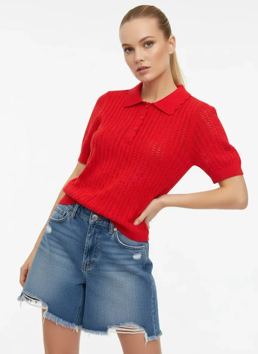 Polo Yaka Ajurlu Kısa Kol Polo Triko Kazak