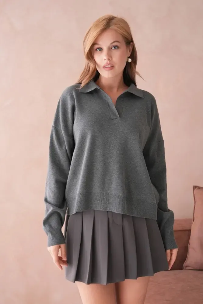 Kadın Polo Yaka Oversize Triko Kazak