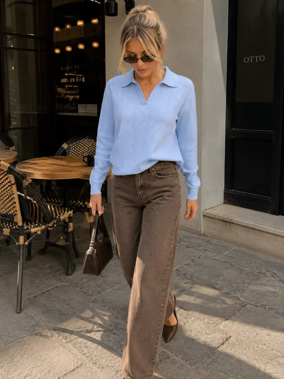 Kadın Polo Yaka Ajurlu Triko Kazak 12544