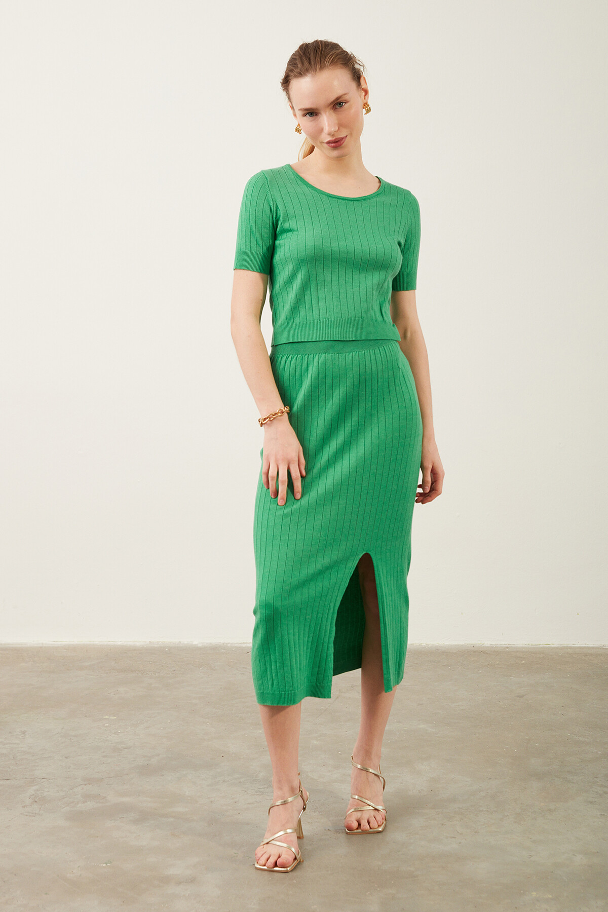 Triko Bluz Etek Yeşil İkili Takım