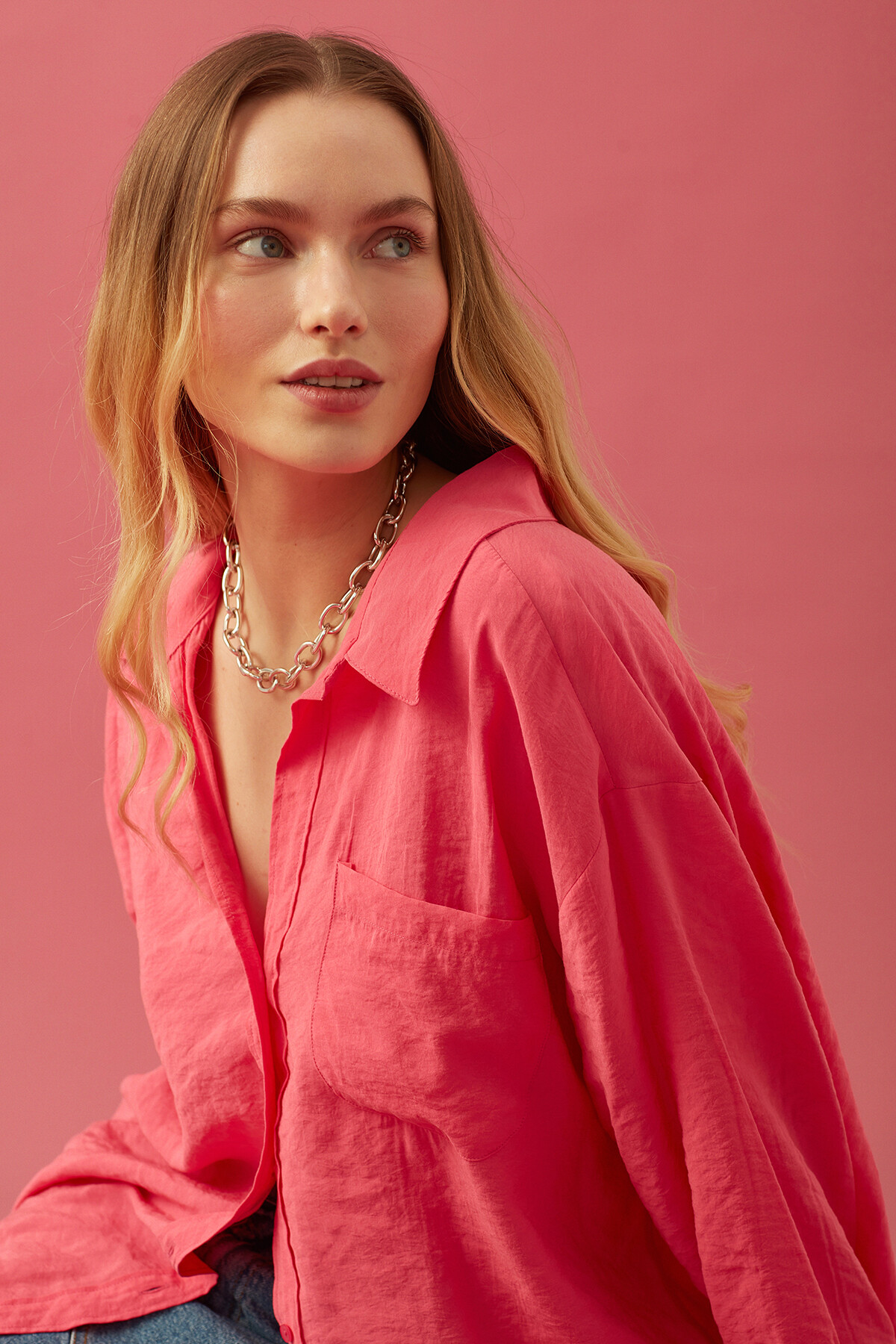 Kadın Uzun Kollu Oversize %100 Pamuk Basic Gömlek