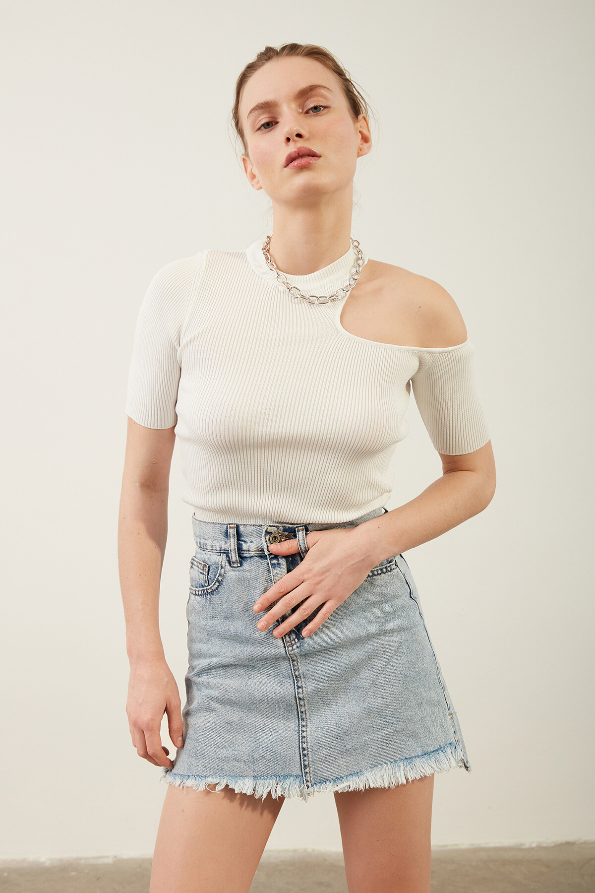 Kadın Püsküllü Mini Jean Etek