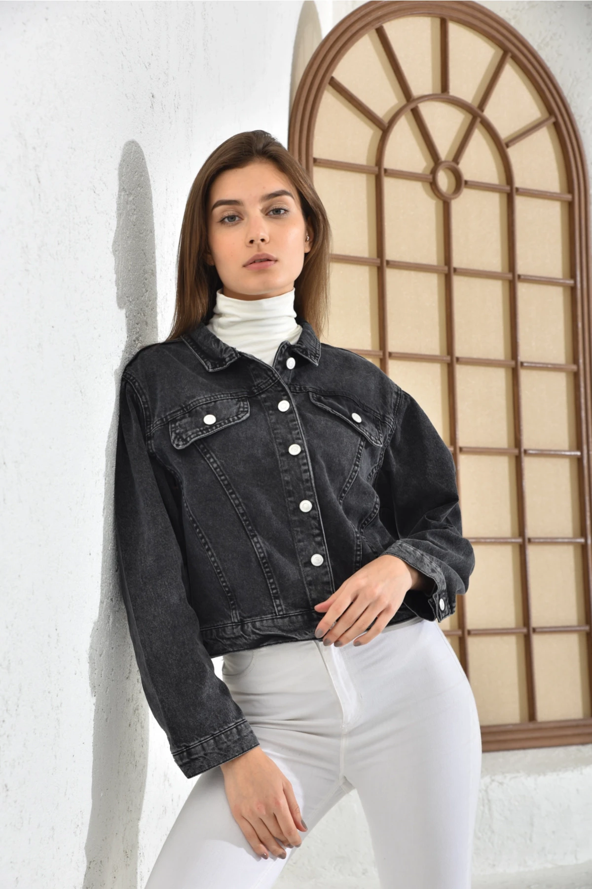 Kadın Antrasit Cep Detaylı Denim Ceket