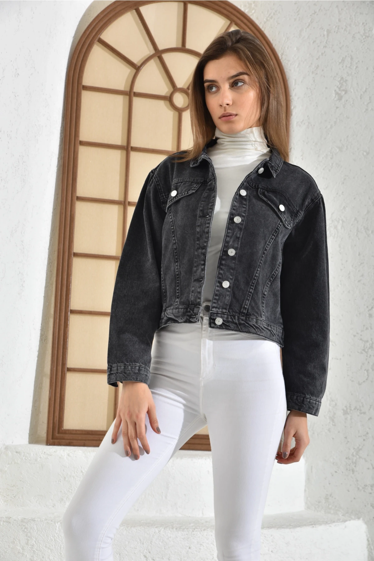 Kadın Antrasit Cep Detaylı Denim Ceket