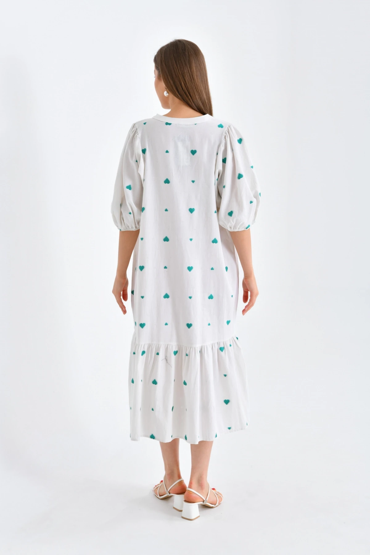 Yeşil Kalpli Balon Kol Uzun Elbise