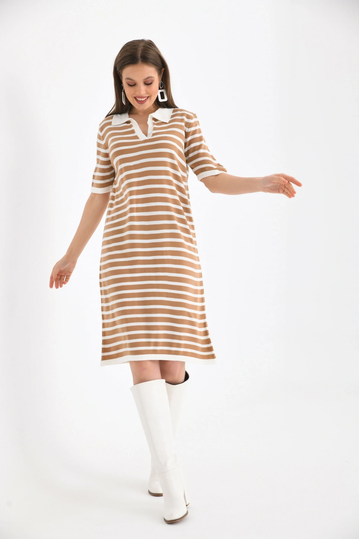 Kadın Gömlek Yaka Camel Renk Çizgili Elbise