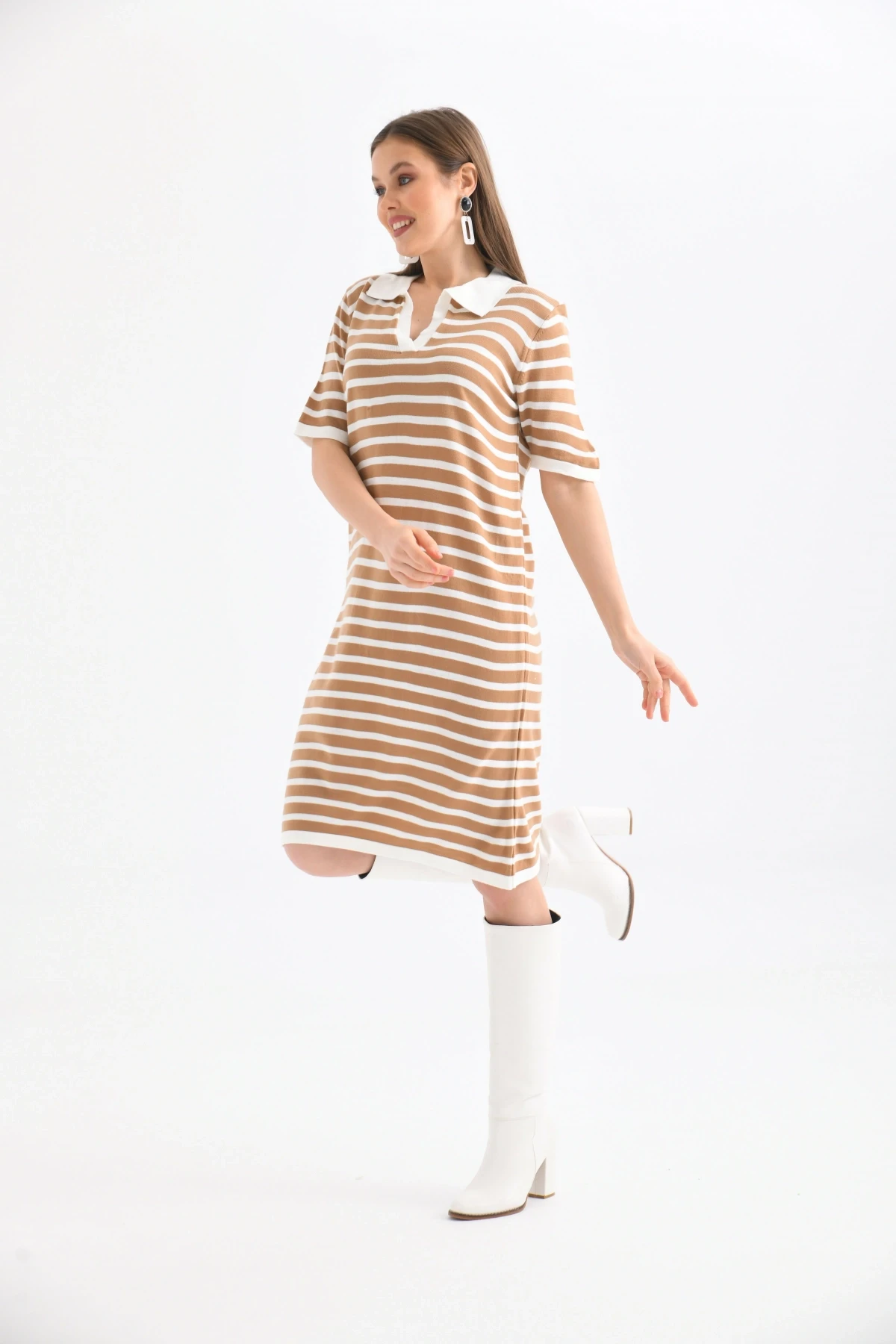 Kadın Gömlek Yaka Camel Renk Çizgili Elbise