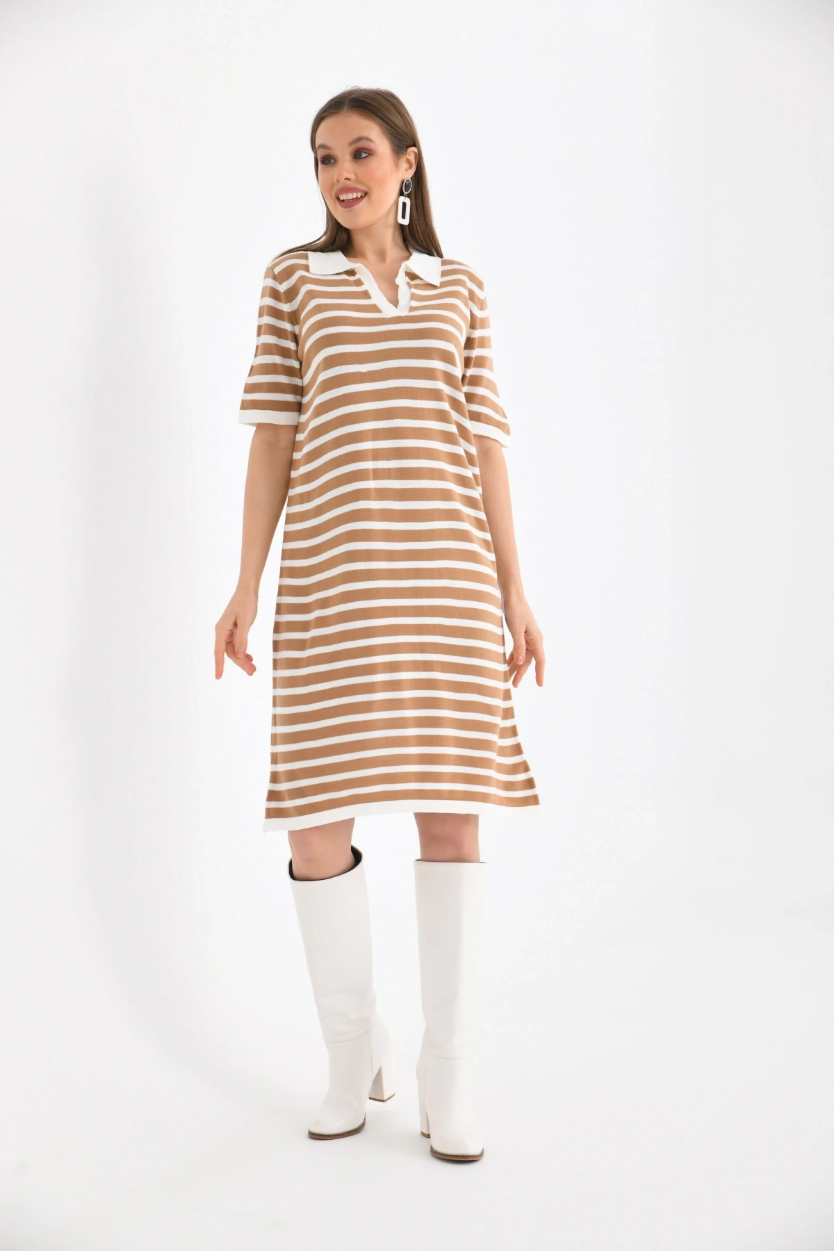 Kadın Gömlek Yaka Camel Renk Çizgili Elbise