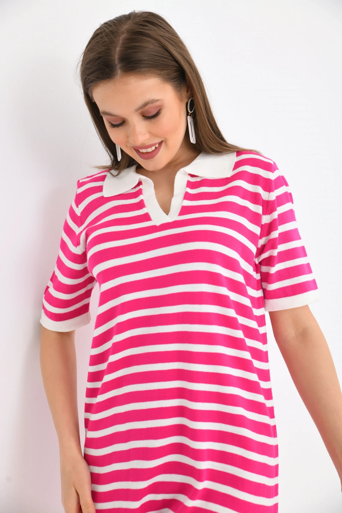 Kadın Gömlek Yaka Fuşya Renk Çizgili Elbise
