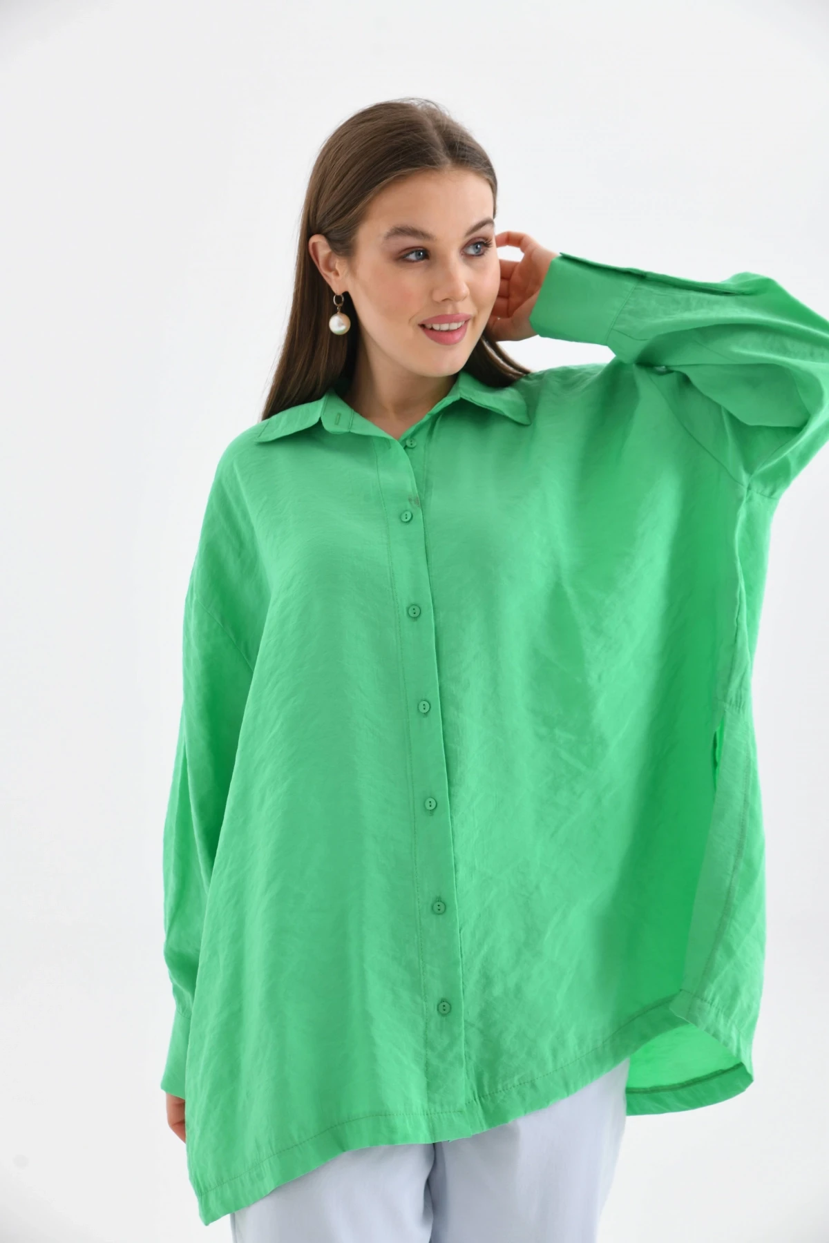 Oversize Uzun Kol Basic Yeşil Gömlek
