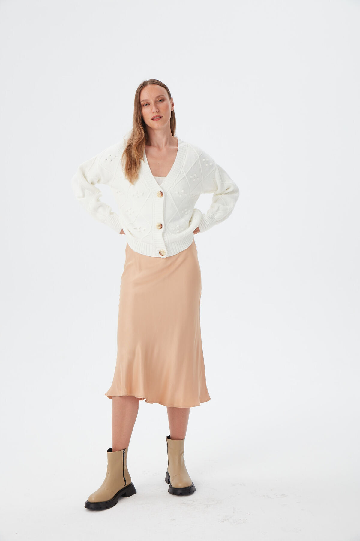 Kadın Camel Bel Lastikli Balık Saten Etek