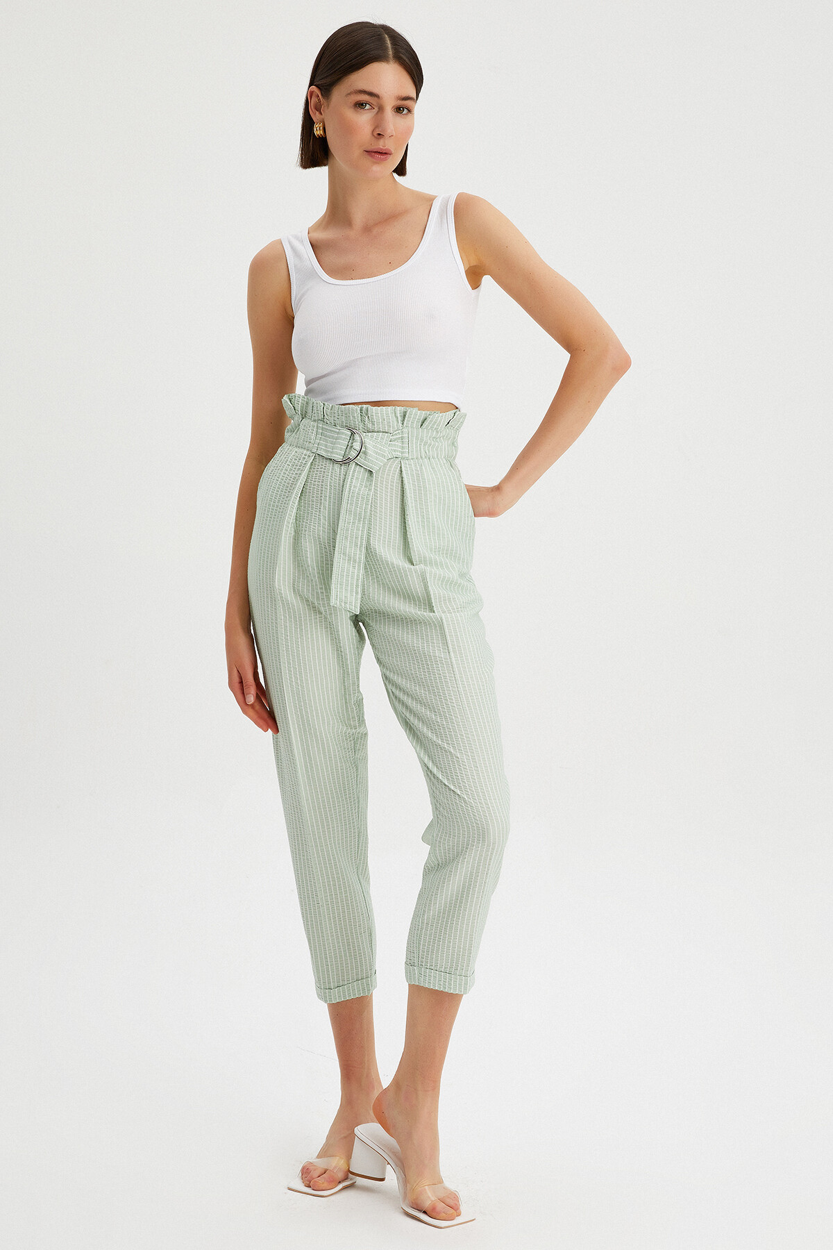 Green Stripe Cropped Paperbag Trousers | New Look