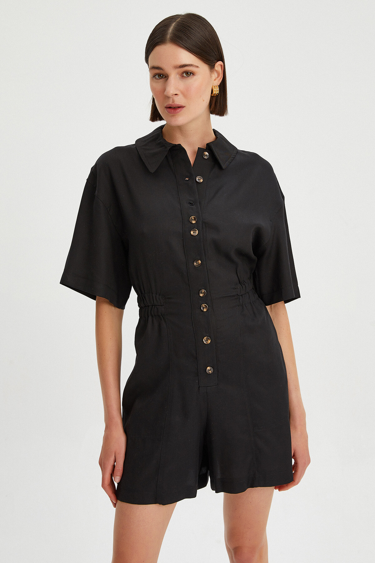 Kadın Düşük Kollu Bel Lastikli Düğme Detay Tencel Tulum