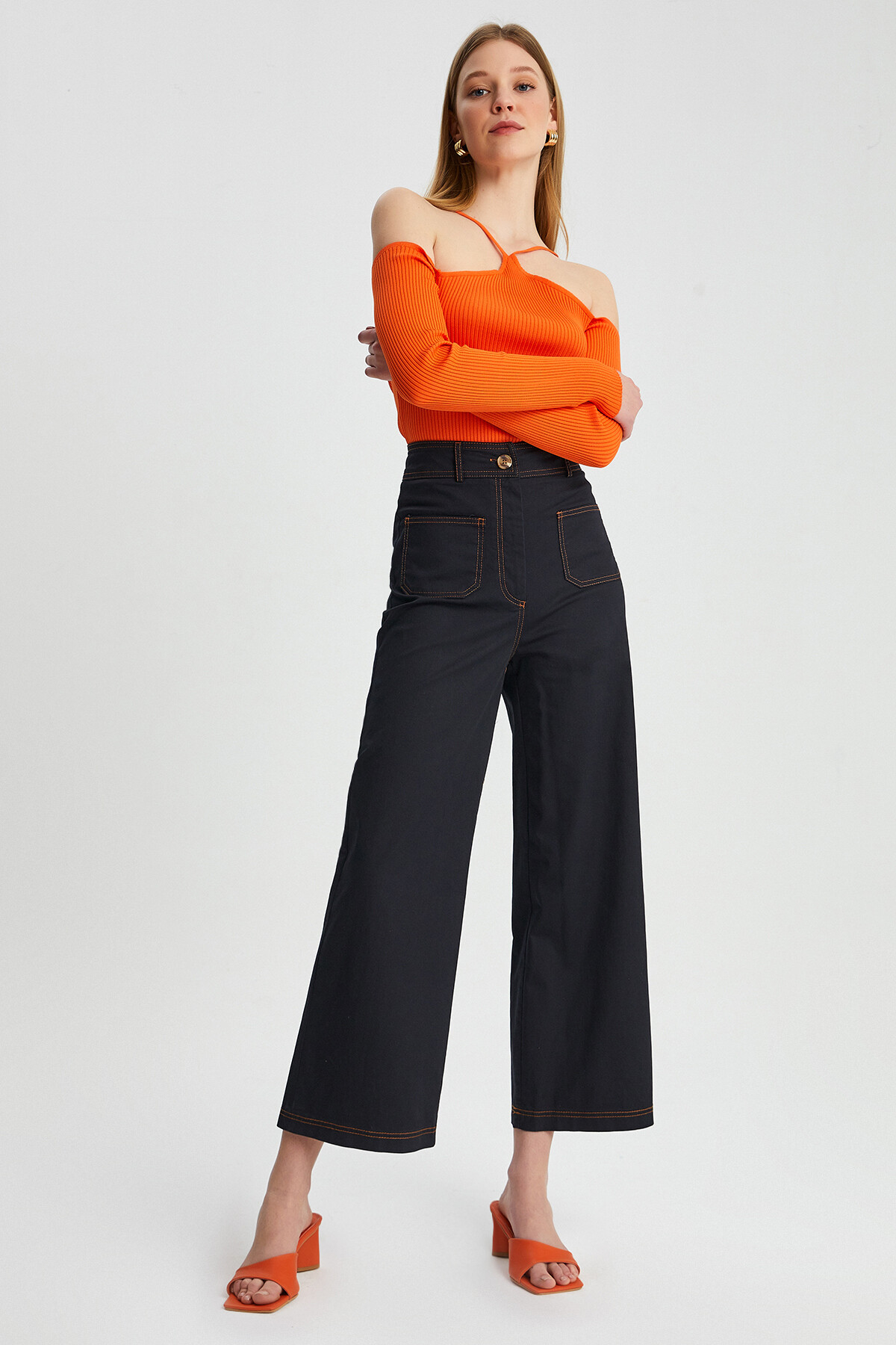 Kadın Garni Dikişli Cep Detay İspanyol Paça Gabardin Pantolon