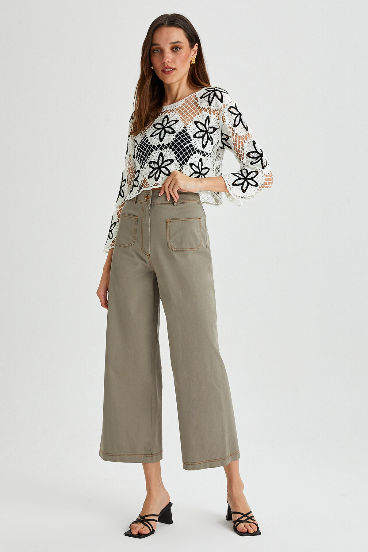 Kadın Garni Dikişli Cep Detay İspanyol Paça Gabardin Pantolon