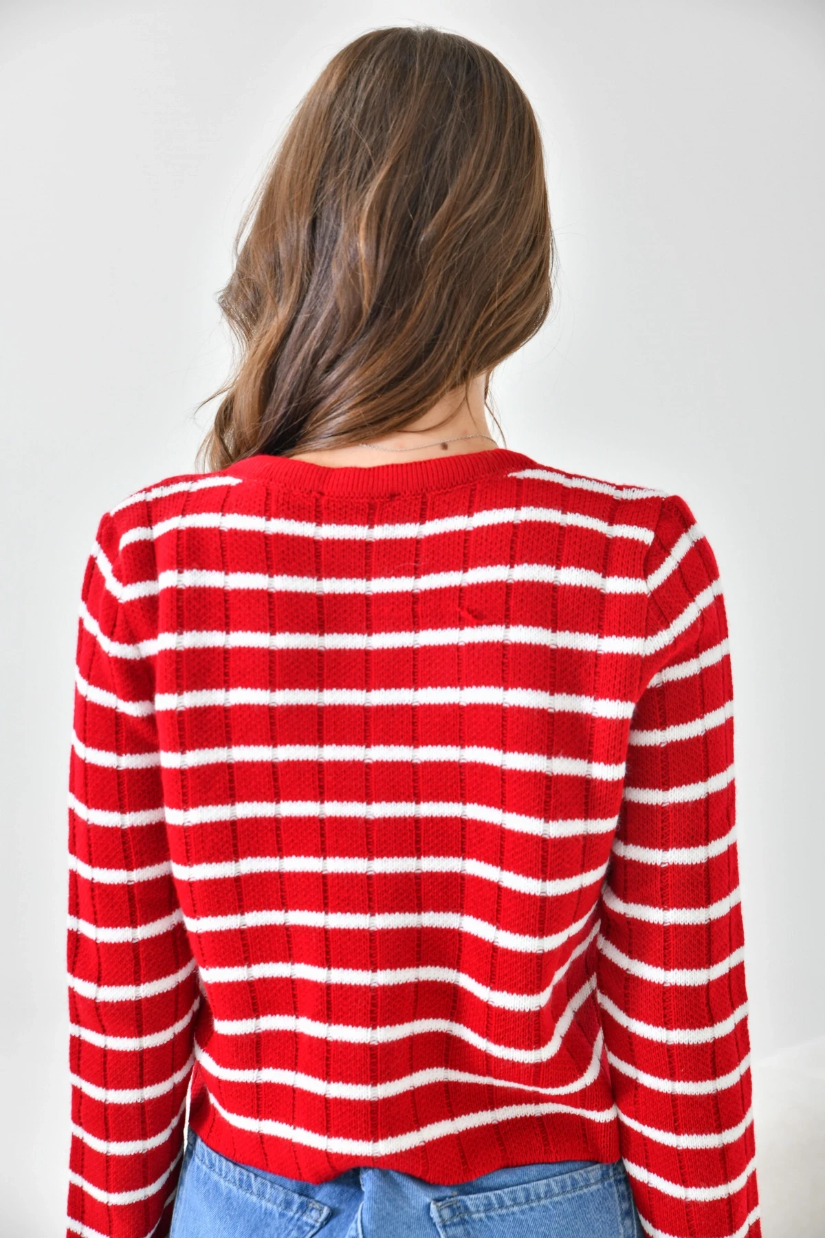 Kırmızı Beyaz Çizgili Triko Hırka