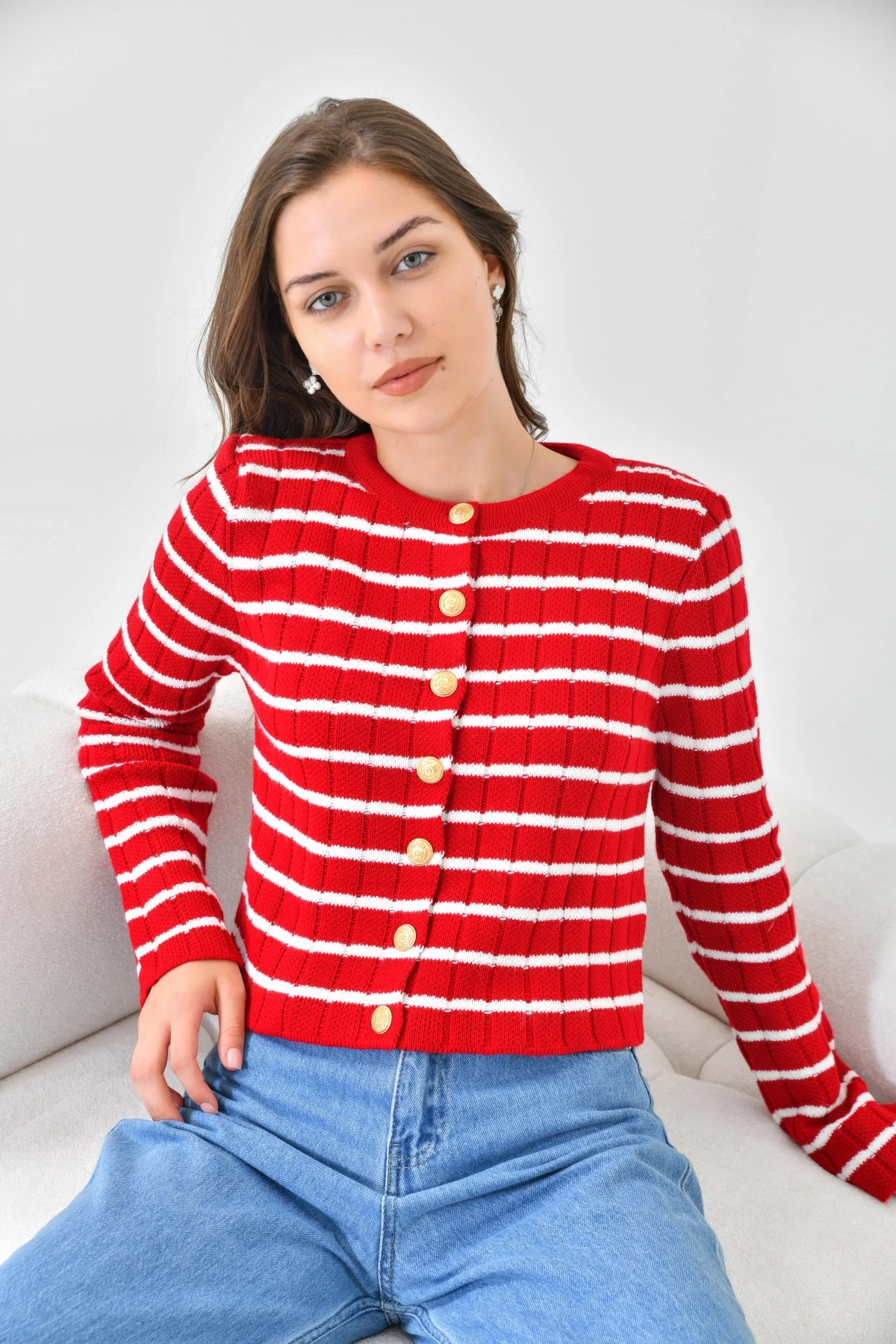 Kırmızı Beyaz Çizgili Triko Hırka