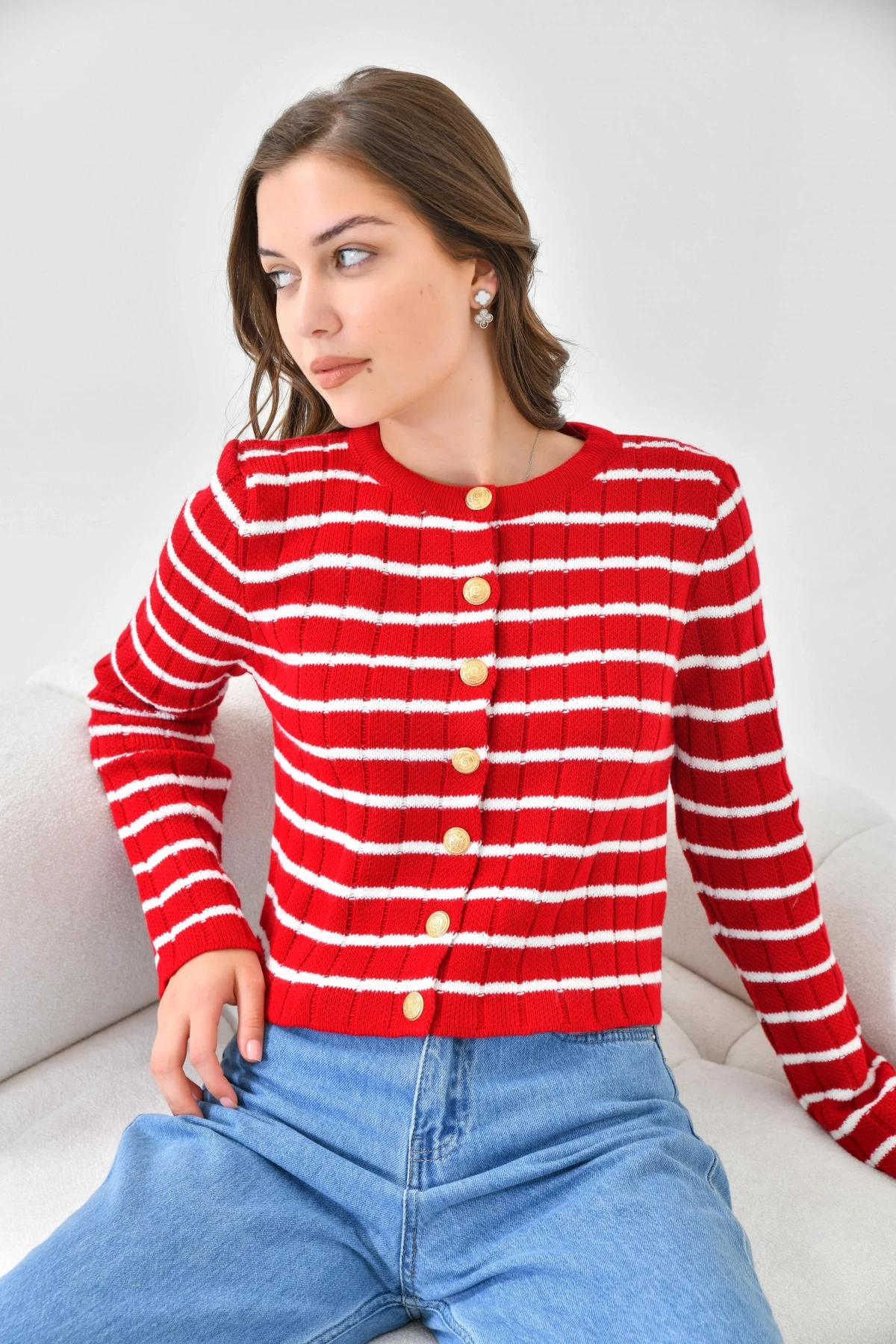 Kırmızı Beyaz Çizgili Triko Hırka