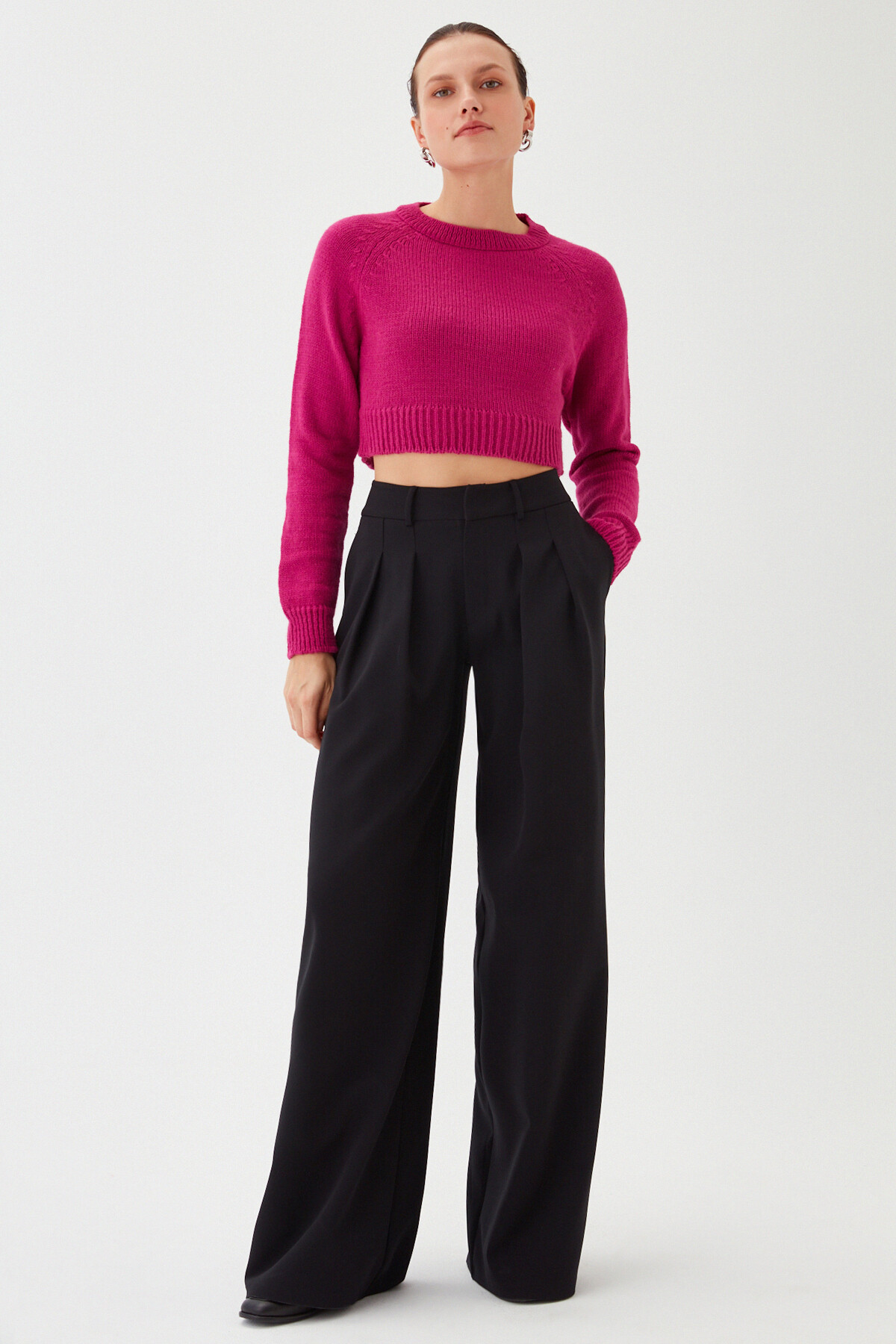 Kadın Mor Bisiklet Yaka Yumuşak Dokulu Crop Triko Kazak