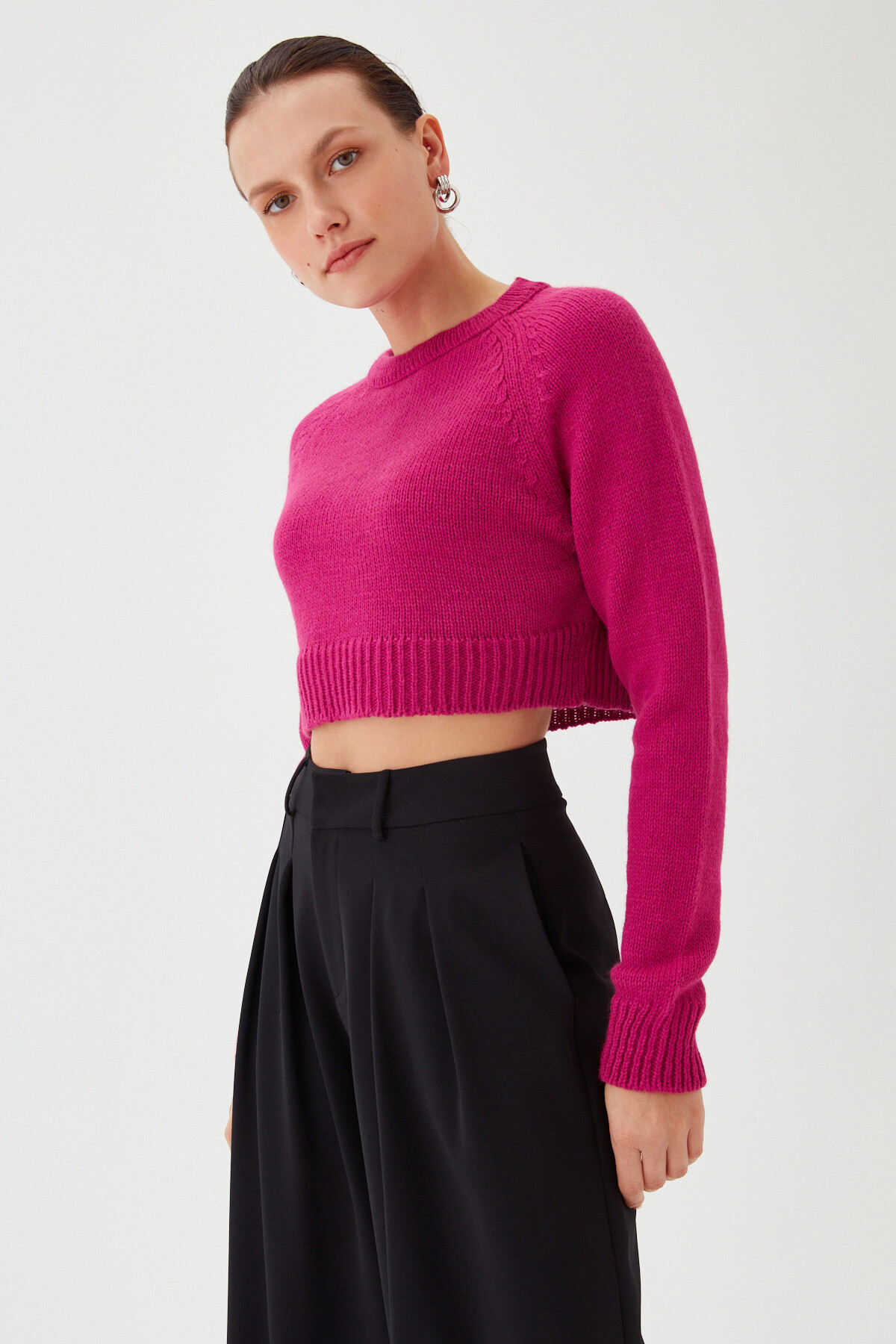 Kadın Mor Bisiklet Yaka Yumuşak Dokulu Crop Triko Kazak