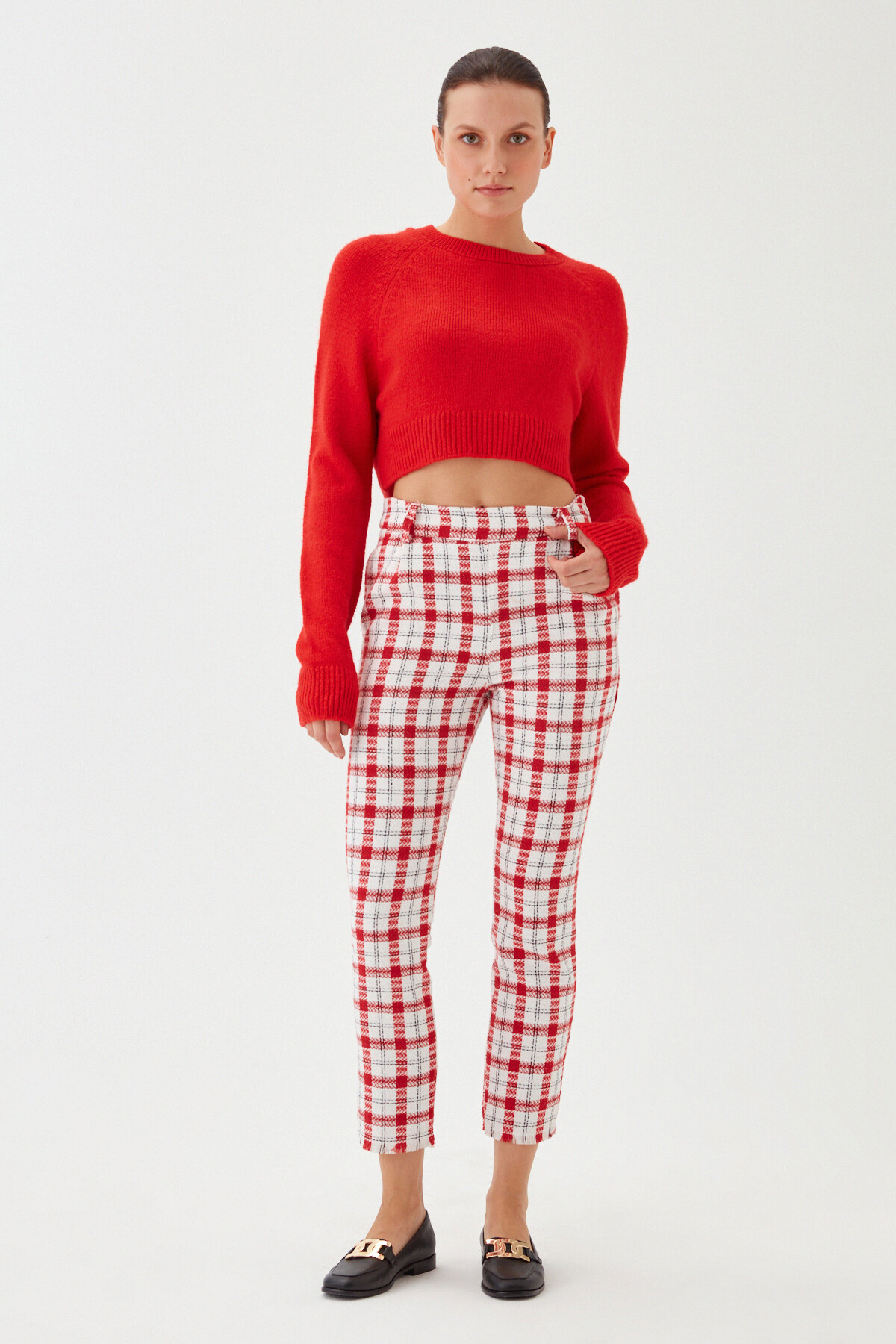 Kadın Nar Bisiklet Yaka Yumuşak Dokulu Crop Triko Kazak