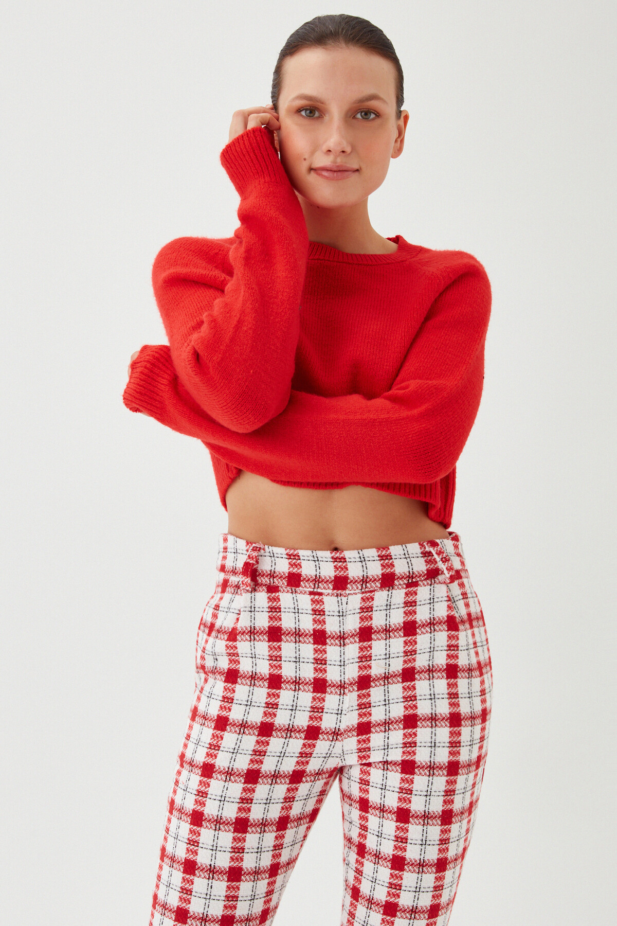 Kadın Nar Bisiklet Yaka Yumuşak Dokulu Crop Triko Kazak