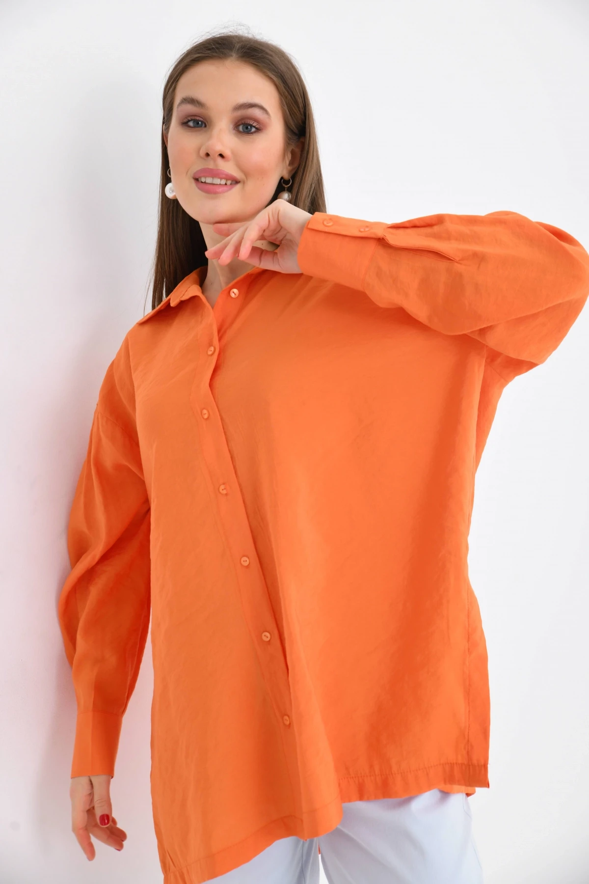 Oversize Uzun Kol Basic Turuncu Gömlek