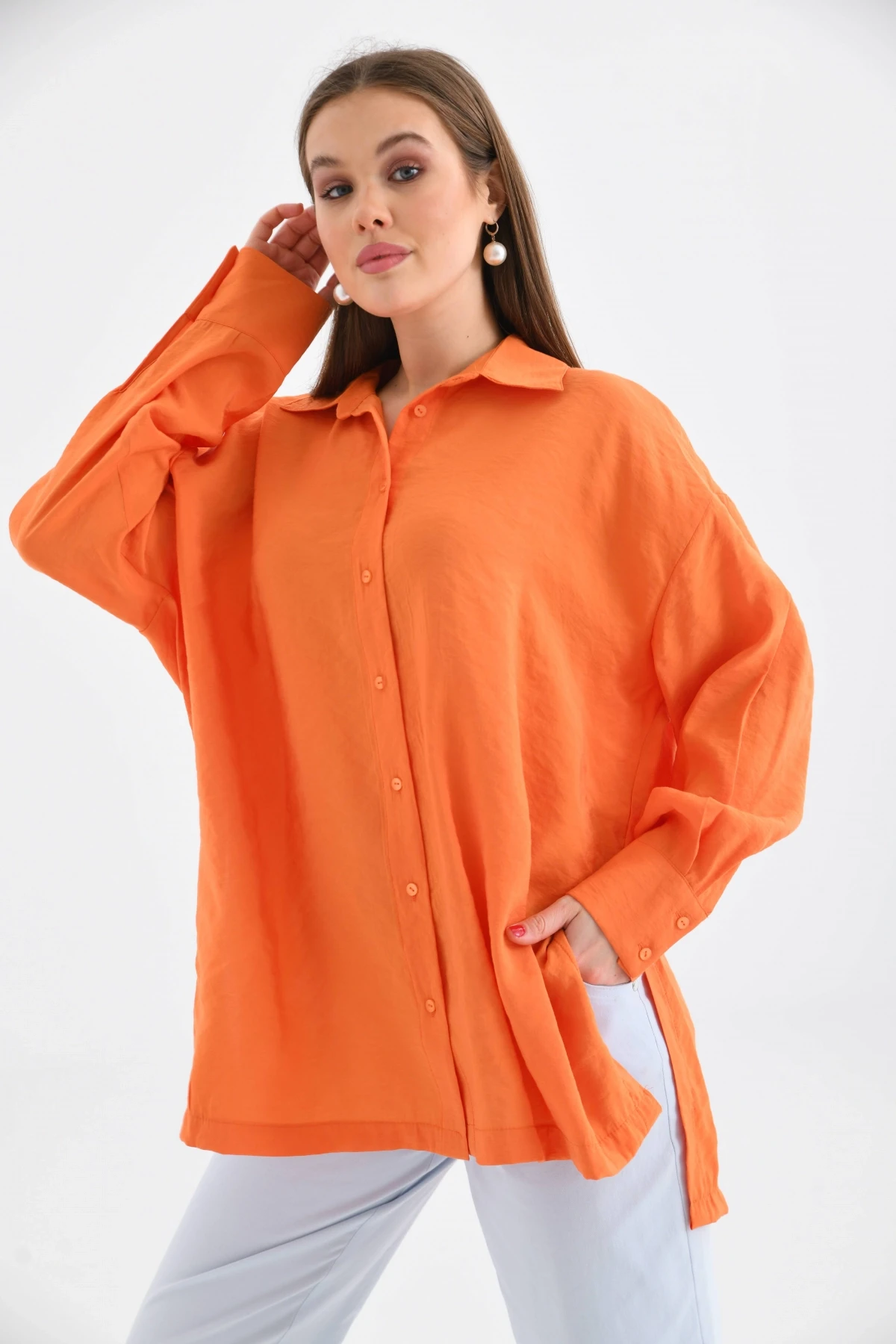 Oversize Uzun Kol Basic Turuncu Gömlek