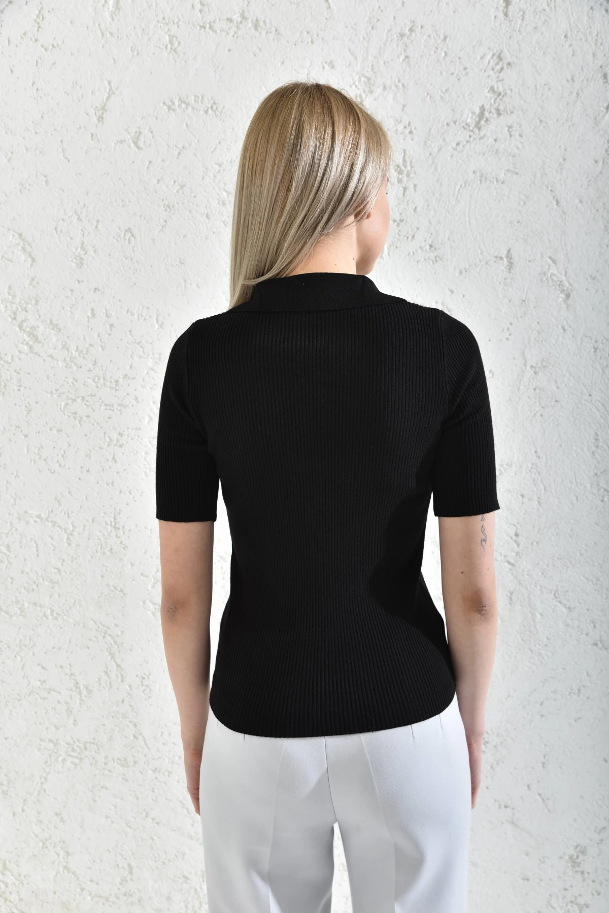 Kadın Polo Yaka Kısa Kol Basic Triko Bluz
