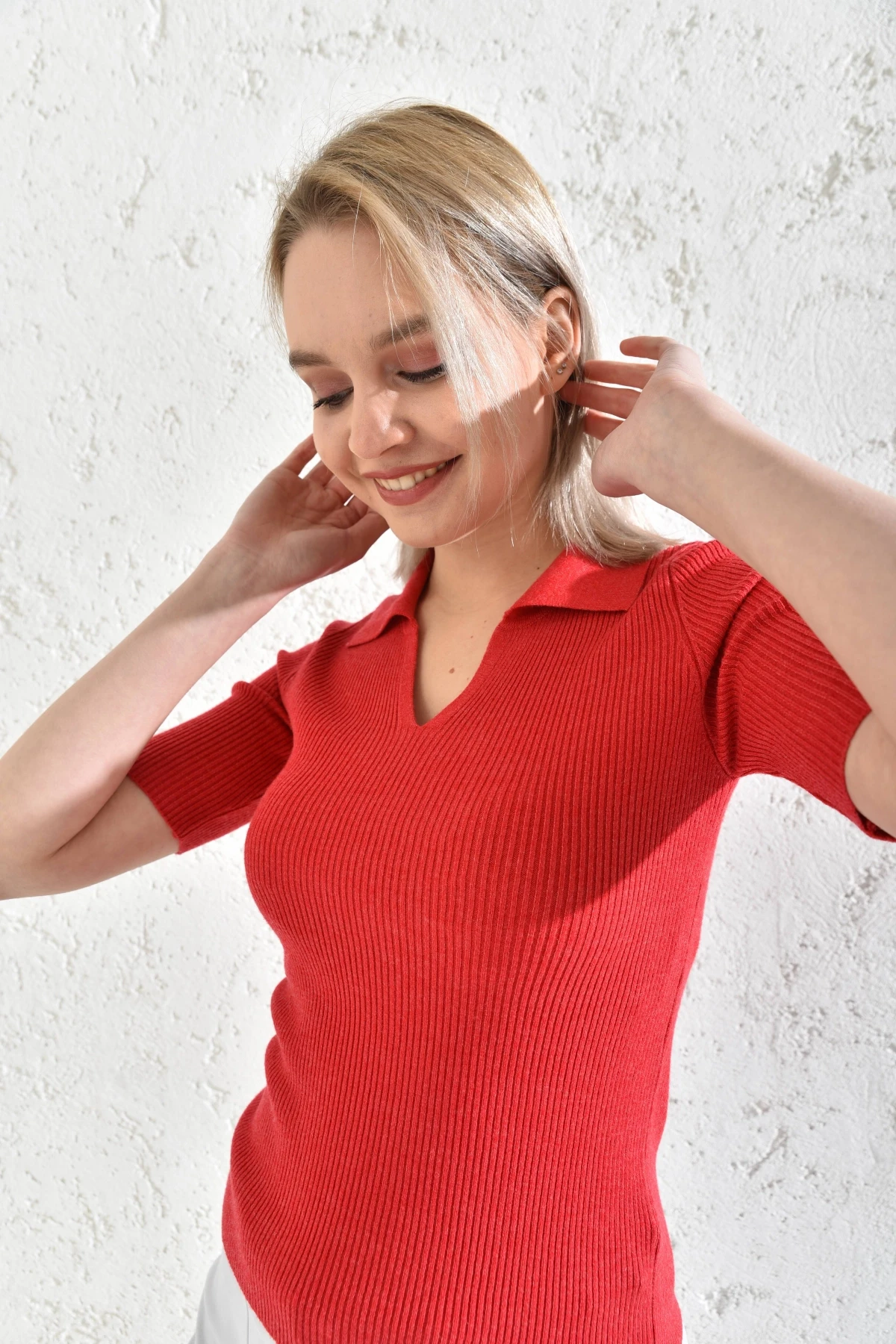 Kadın Polo Yaka Kısa Kol Basic Triko Bluz