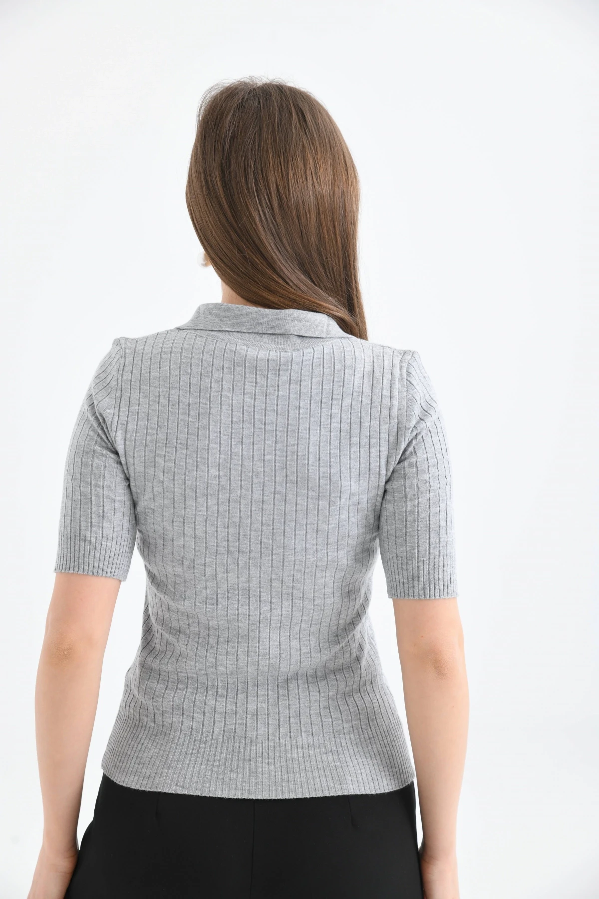 Kadın Slim Fit Pola Yaka Basic Triko Kısa Kol Kazak