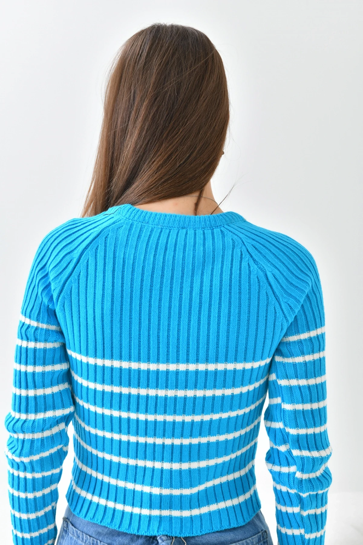 Bisiklet Yaka Çizgili Uzun Kollu Triko Kazak