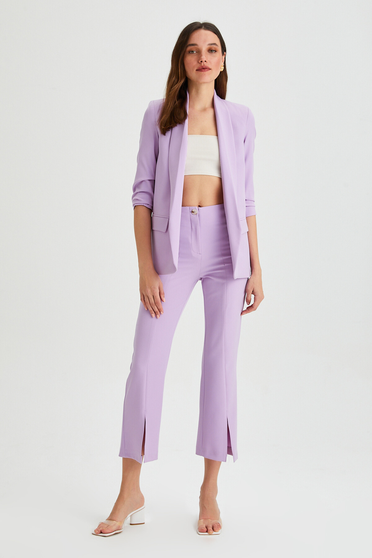 Kadın Yan Büzgülü Paça Yırtmaçlı Kumaş Pantolon