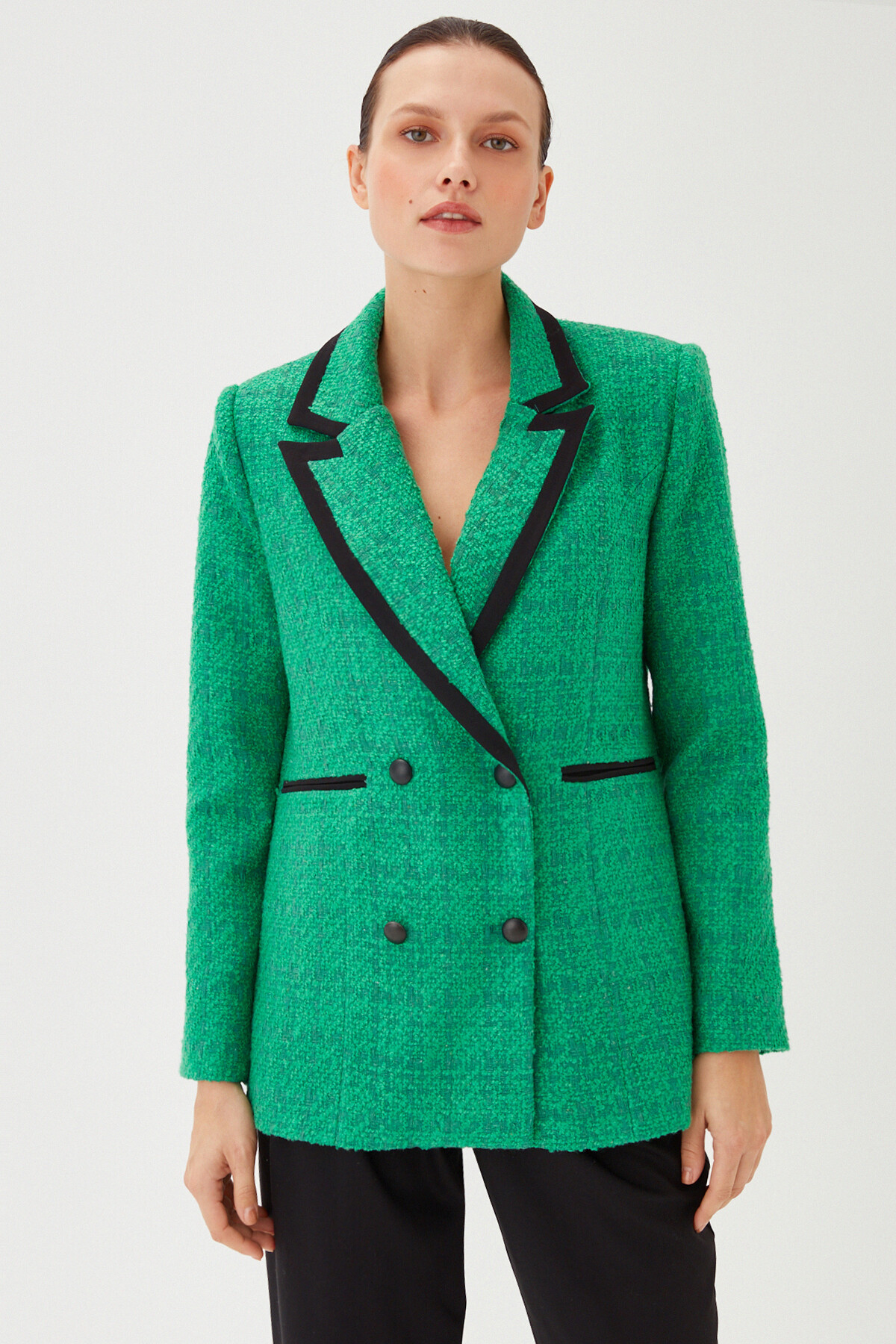 Womens Green Garni Detail Long Boucle Blazer Jacket