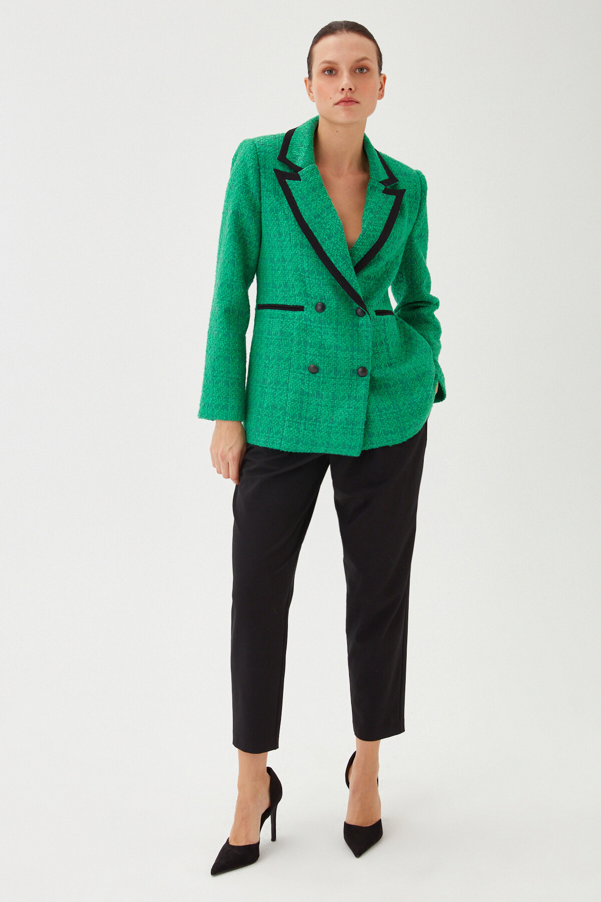 Womens Green Garni Detail Long Boucle Blazer Jacket