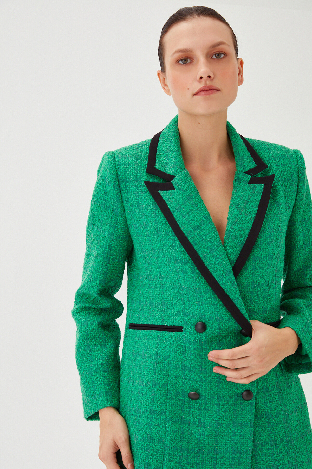 Womens Green Garni Detail Long Boucle Blazer Jacket